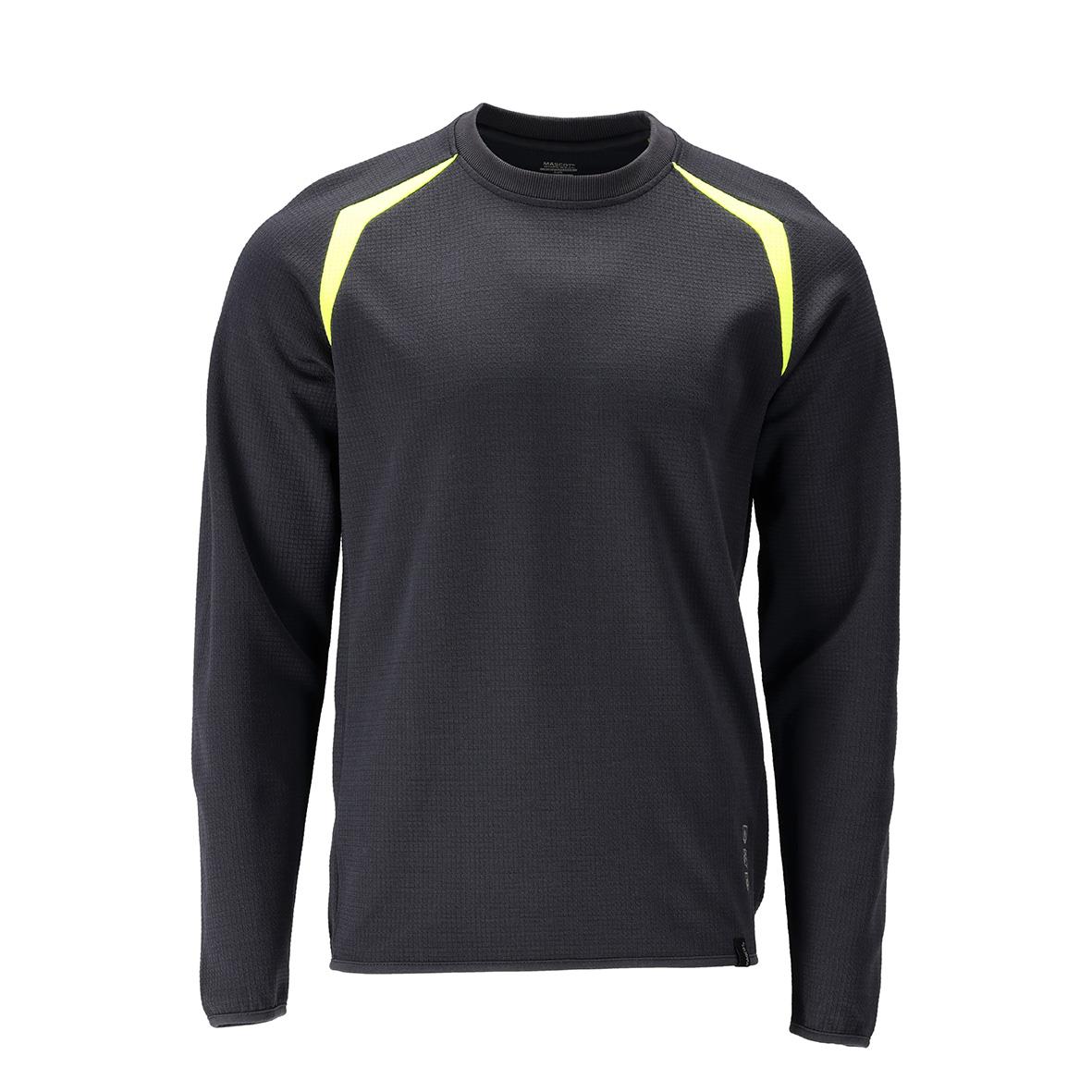 Svart sweatshirt med ljusgula detaljer på axlarna och ärmlinningarna, liten storlek XS