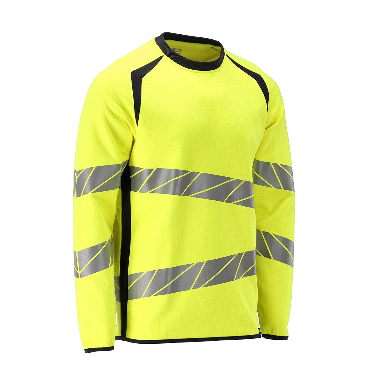 Högsynlig varselgul multisafe arbetsjacka med reflexremsor och svart detaljer i storlek XS