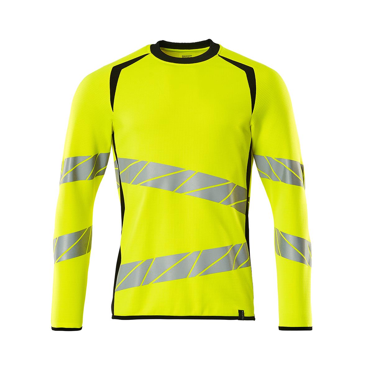 Varselgul sweatshirt med svarta detaljer och reflexremsor på ärmar och kropp