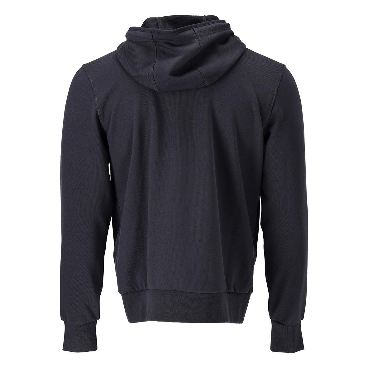 Mörk marin hoodie med mascot-tryck, helzip, stor huva och ribbade muddar