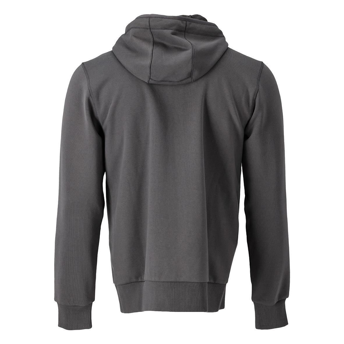 Grå hoodie med dragkedja och huva, stängd bakifrån