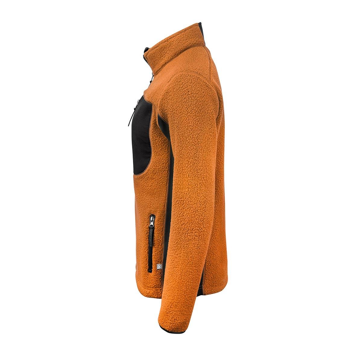 Fleecetröja i orange och svart med dragkedja och hög krage