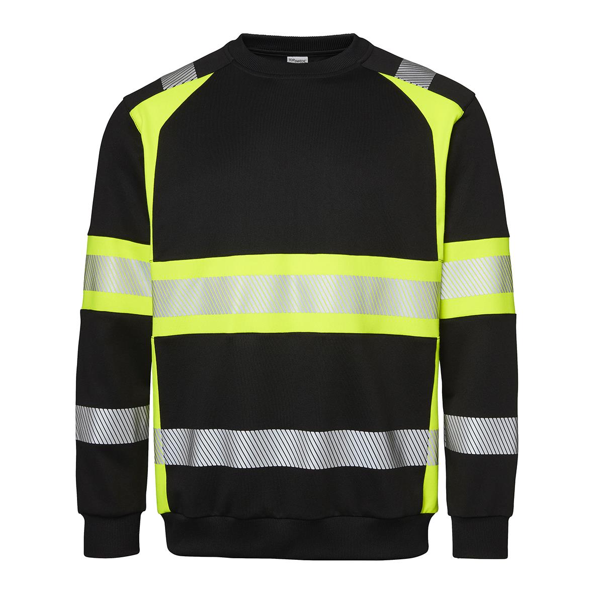 Svart sweatshirt med varselgult och reflexremsor för synlighet och säkerhet