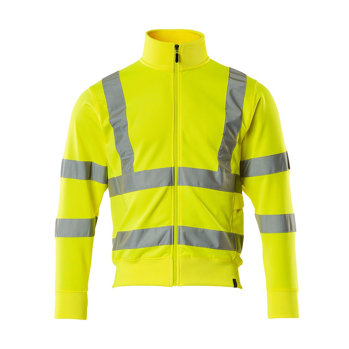 Varselgul sweatshirt med blixtlås och reflekterande band, storlek XL