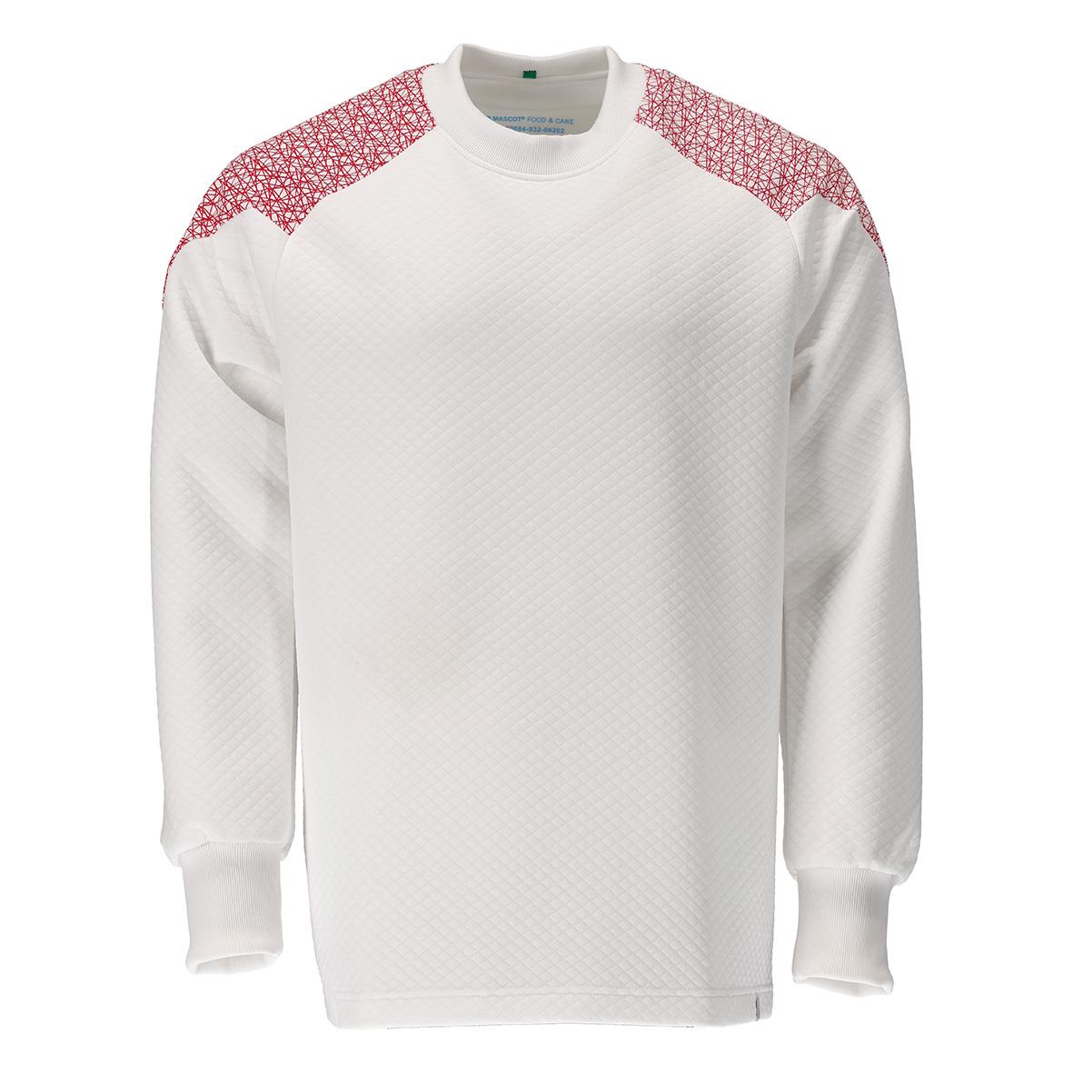 Vit sweatshirt med rosa mönster på axlarna och ribbade muddar