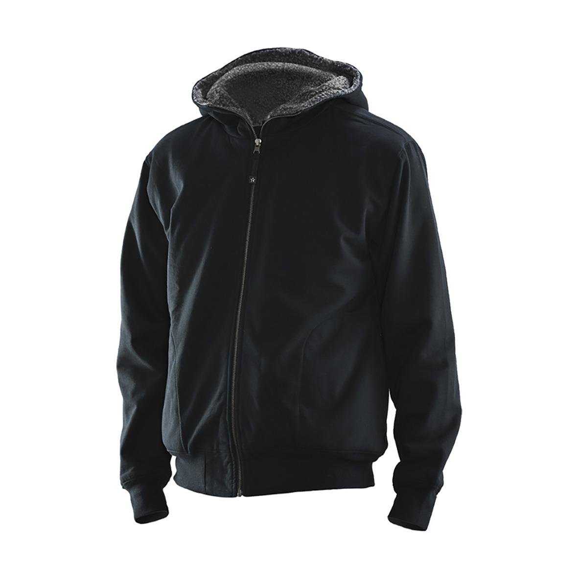 Svart hoodie med dragkedja och grå insida, långärmad och bekväm