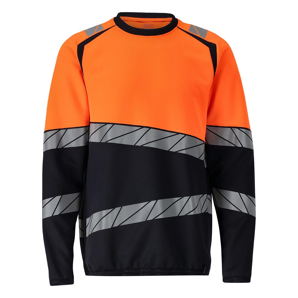 Orange sweatshirt med marinblå och gråa diagonala band, långärmad och rund hals
