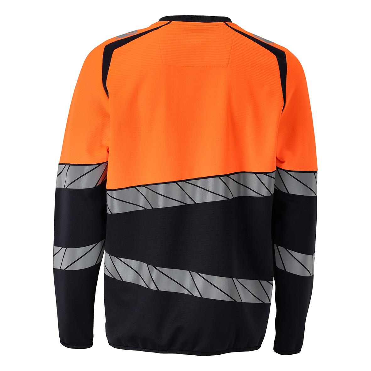Orange och svart sweatshirt med reflexremsor och svart detaljering på axlar och ärmar