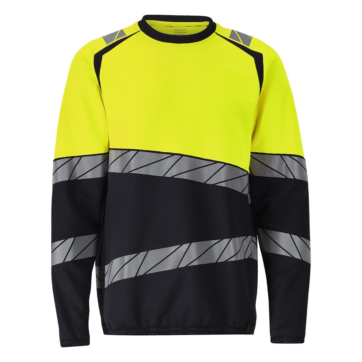 Ljusgul och svart sweatshirt med reflexdetaljer och rund hals, storlek 2XL