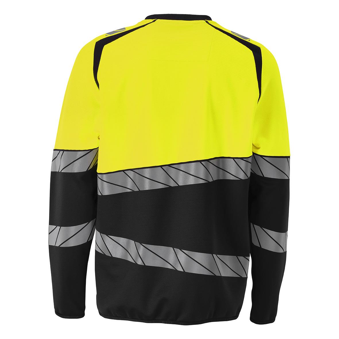 Svart och varselgul sweatshirt med reflexband och svart detaljering på axlar och ärmar, storlek XL
