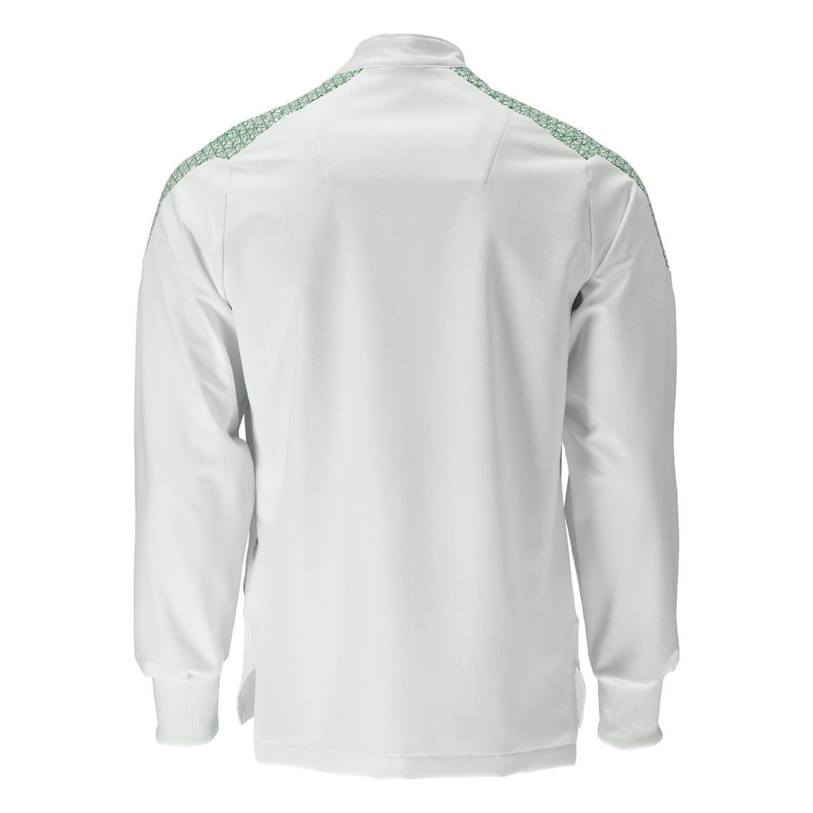 Vit sportjacka med gröna detaljer på axlarna sett bakifrån