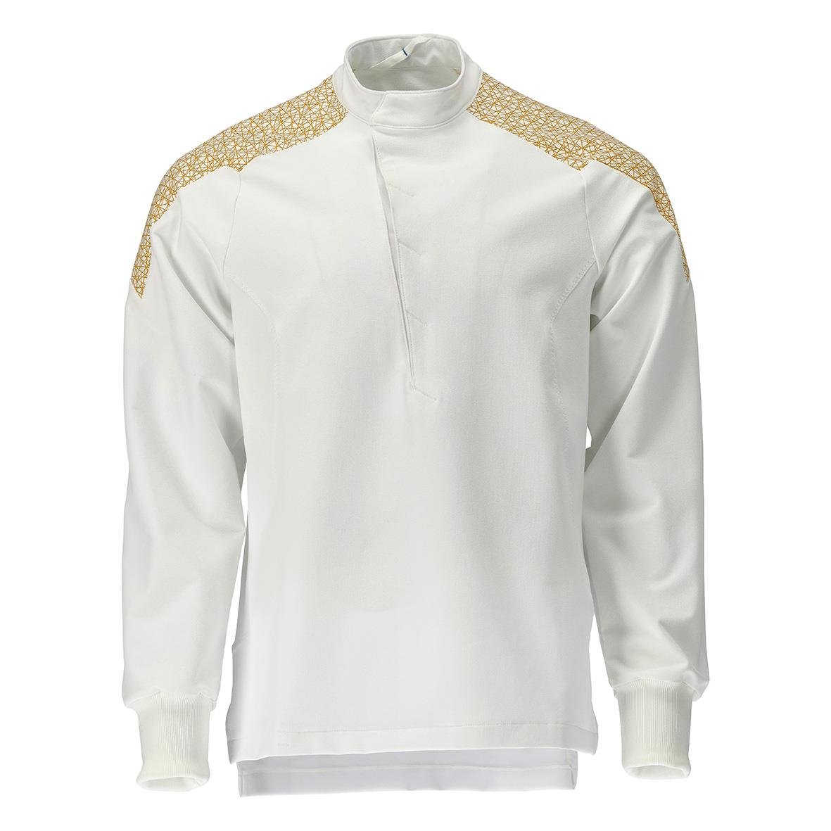 Vit sportjacka med gulddetaljer på axlarna och hög krage
