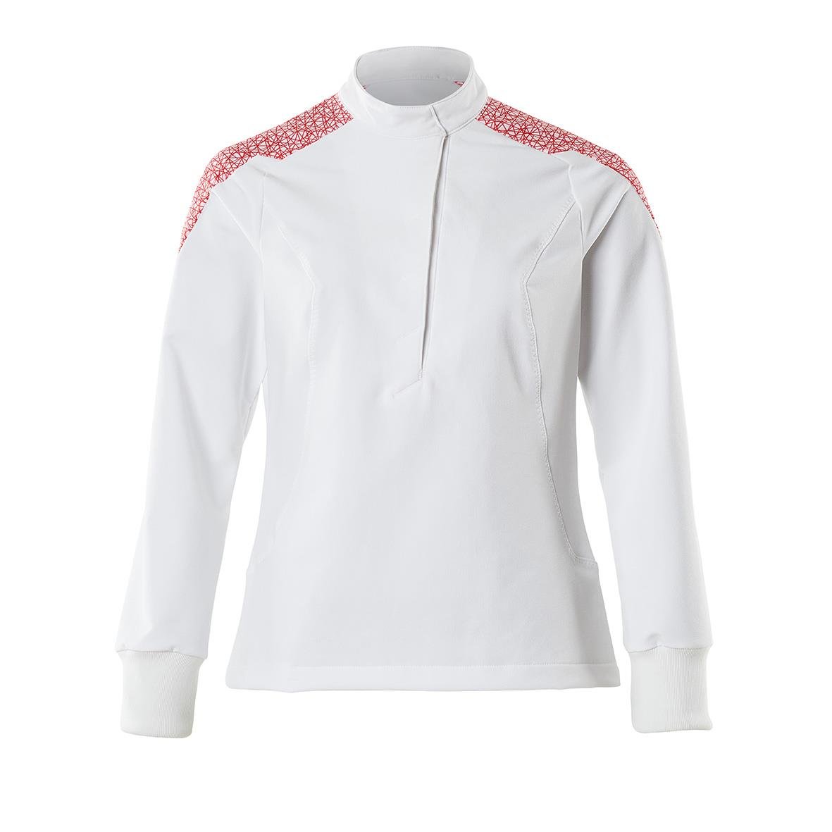 Vit sportjacka med röda mönster på axlarna och ståkrage