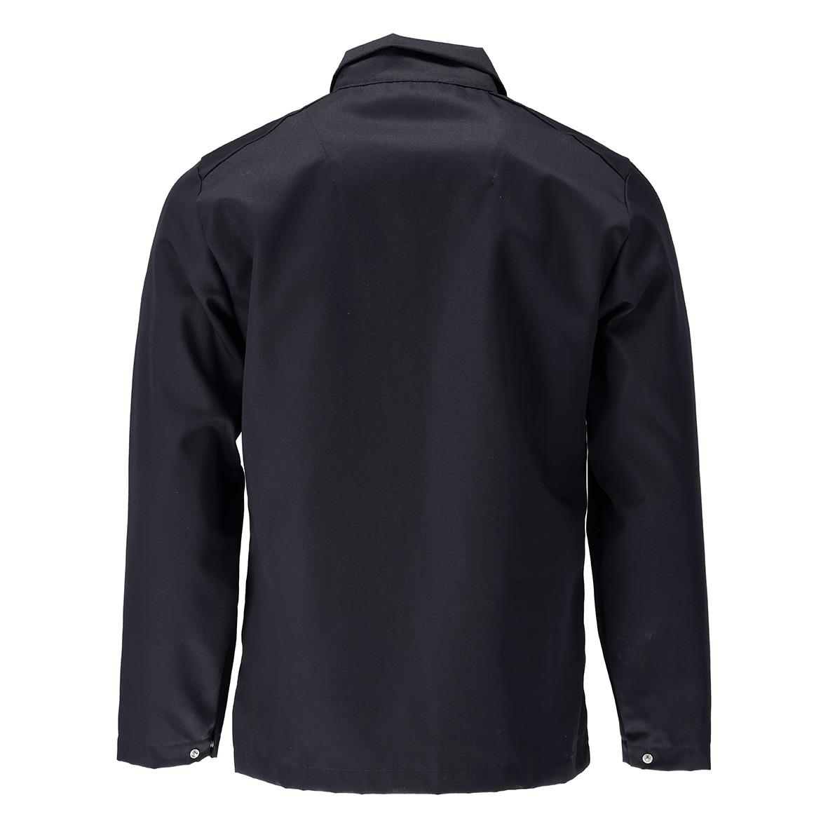 Svart jacka med krage och knappar vid ärmslutet sett bakifrån