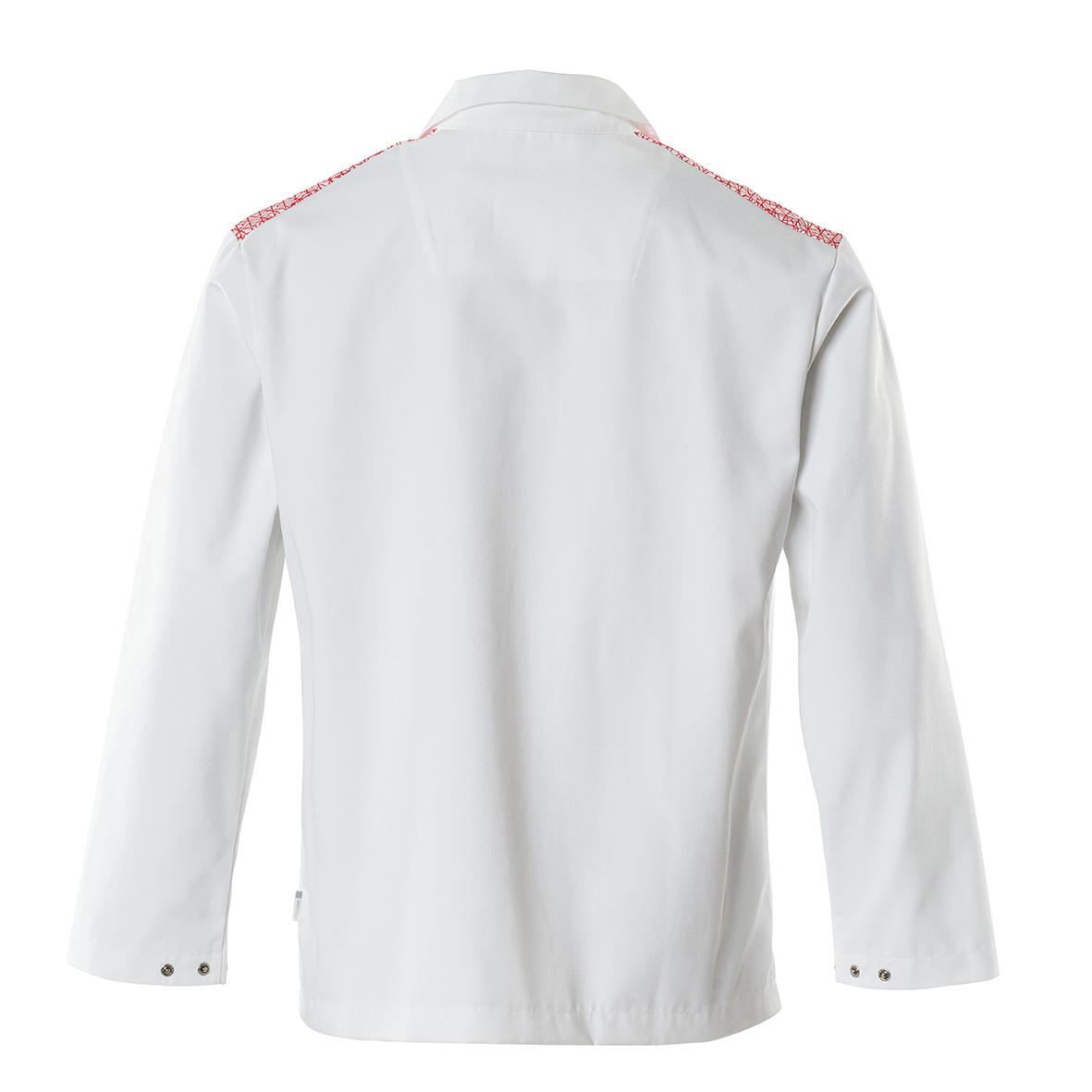 Vit kockklänning med röda detaljer på axlarna och knappar vid ärmsluten