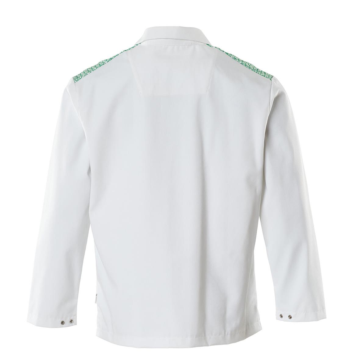 Vit jacka med gröna detaljer på axlarna sett bakifrån