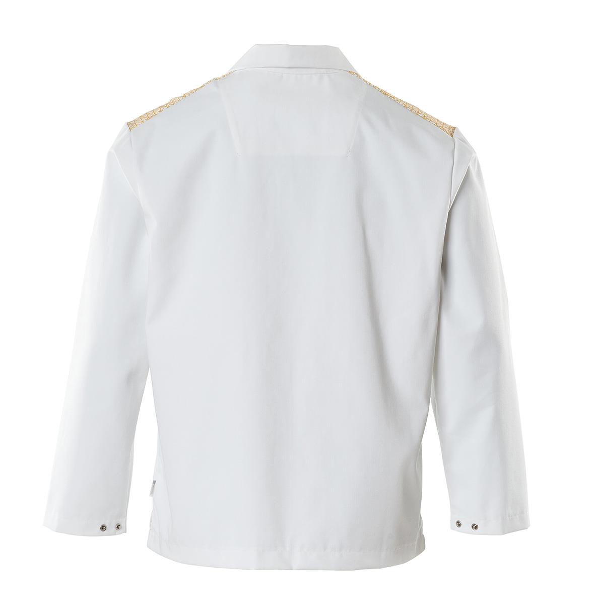 Vit jacka med axel- och ärmfästen i guld, långärmad med knappar vid ärmslutet