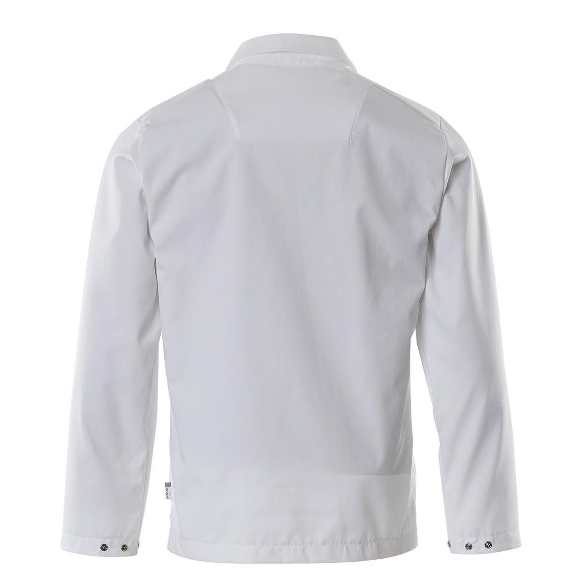 Vit arbetsjacka med krage och knappar på ärmarna sett bakifrån