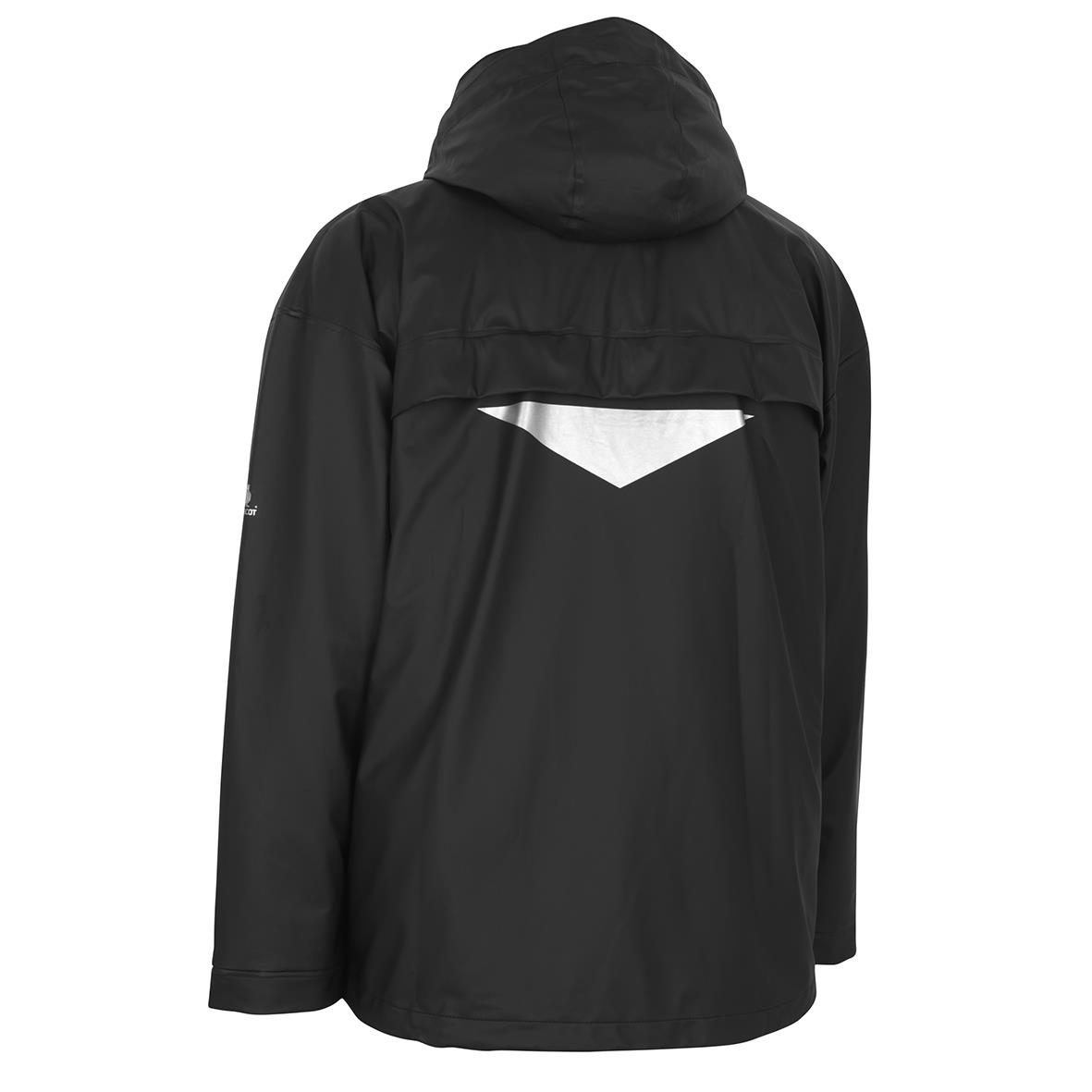 Svart regnjacka med huva och reflexdetalj bakifrån