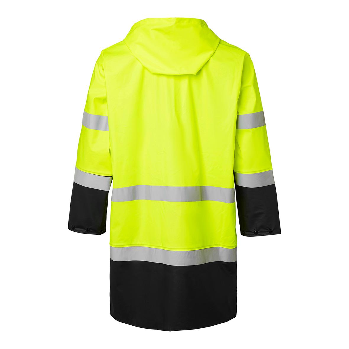 Hög synlighetsregnrock i varselgul med svarta nederdel och reflekterande band på ärmar och kropp