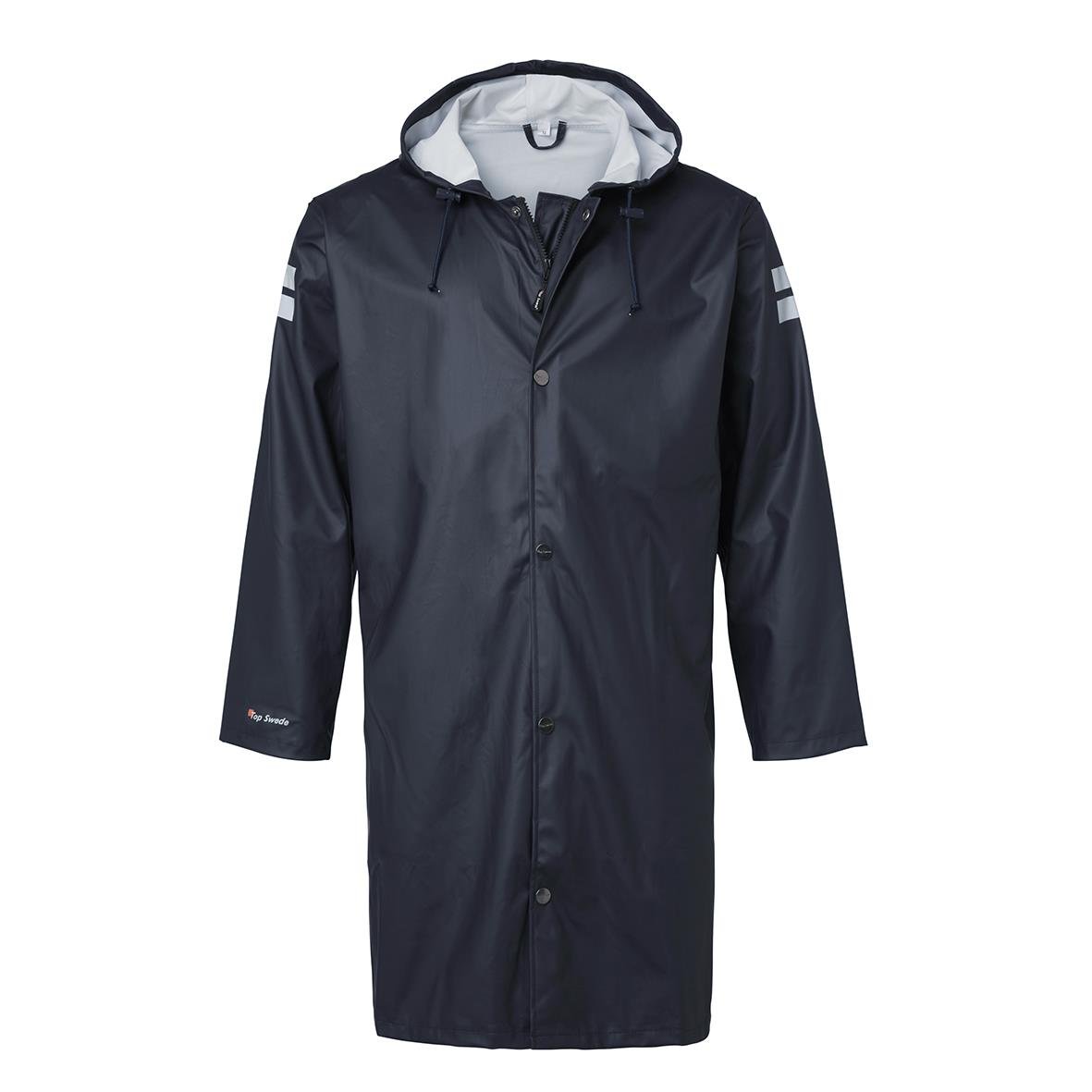 Regnrock Top Swede 9295 Marin XS, lång mörkblå regnjacka med huva och knappar fram
