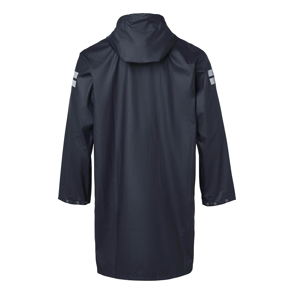 Marinblå regnrock med huva och reflexdetaljer på axlarna