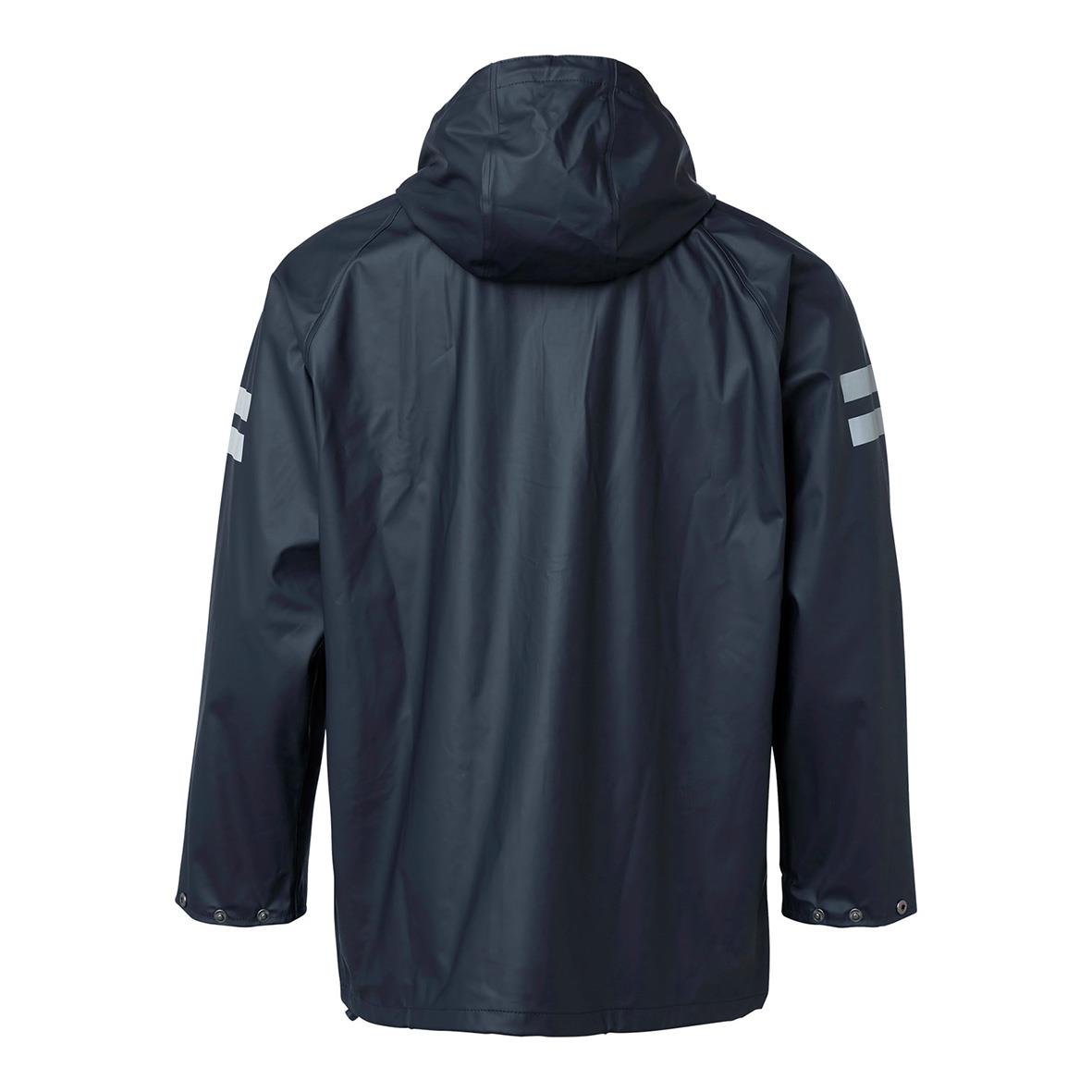 Marinblå unisex regnset top med huva och reflexdetaljer på ärmarna