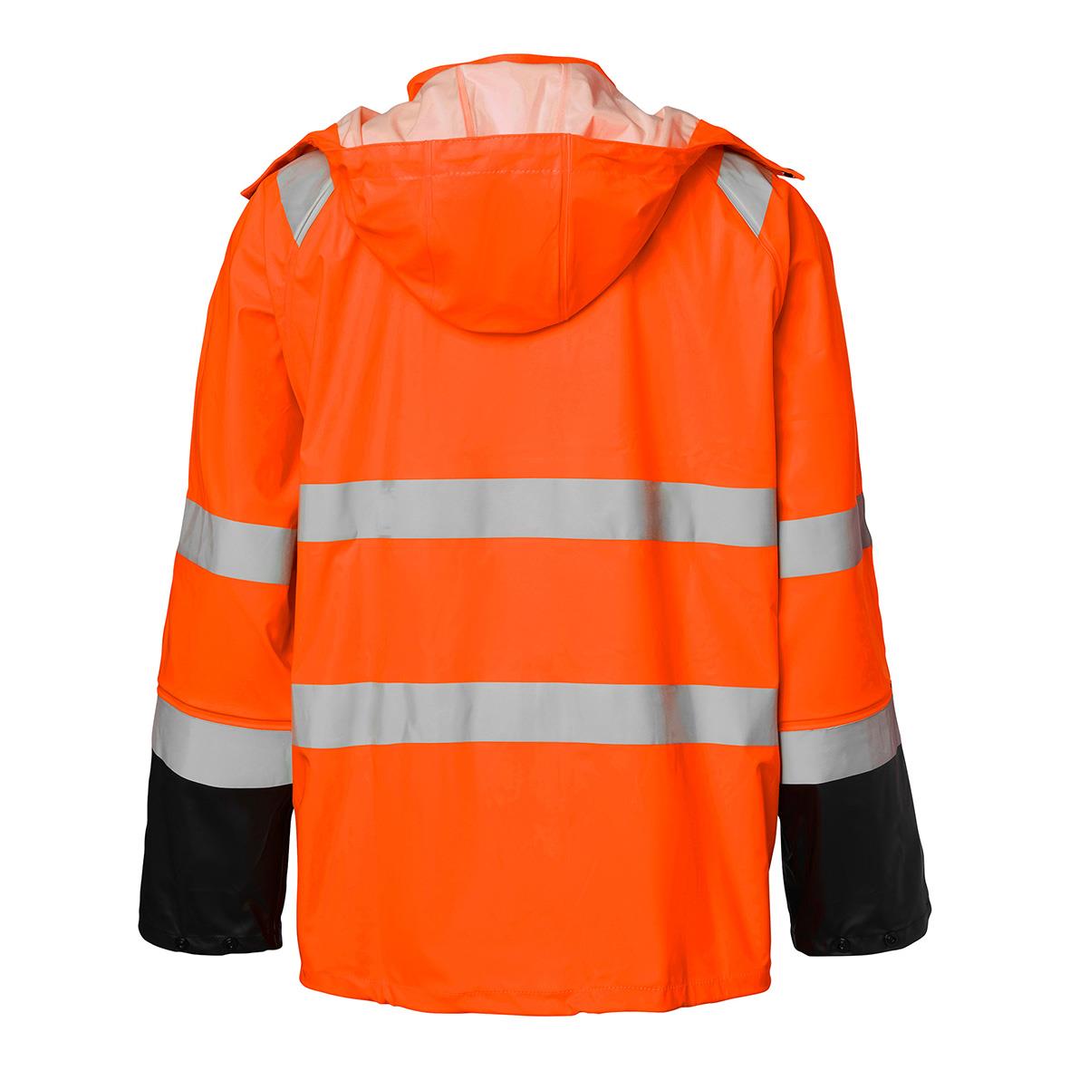 Reflekterande regnjacka i orange och svart med huva och reflexband, XS storlek