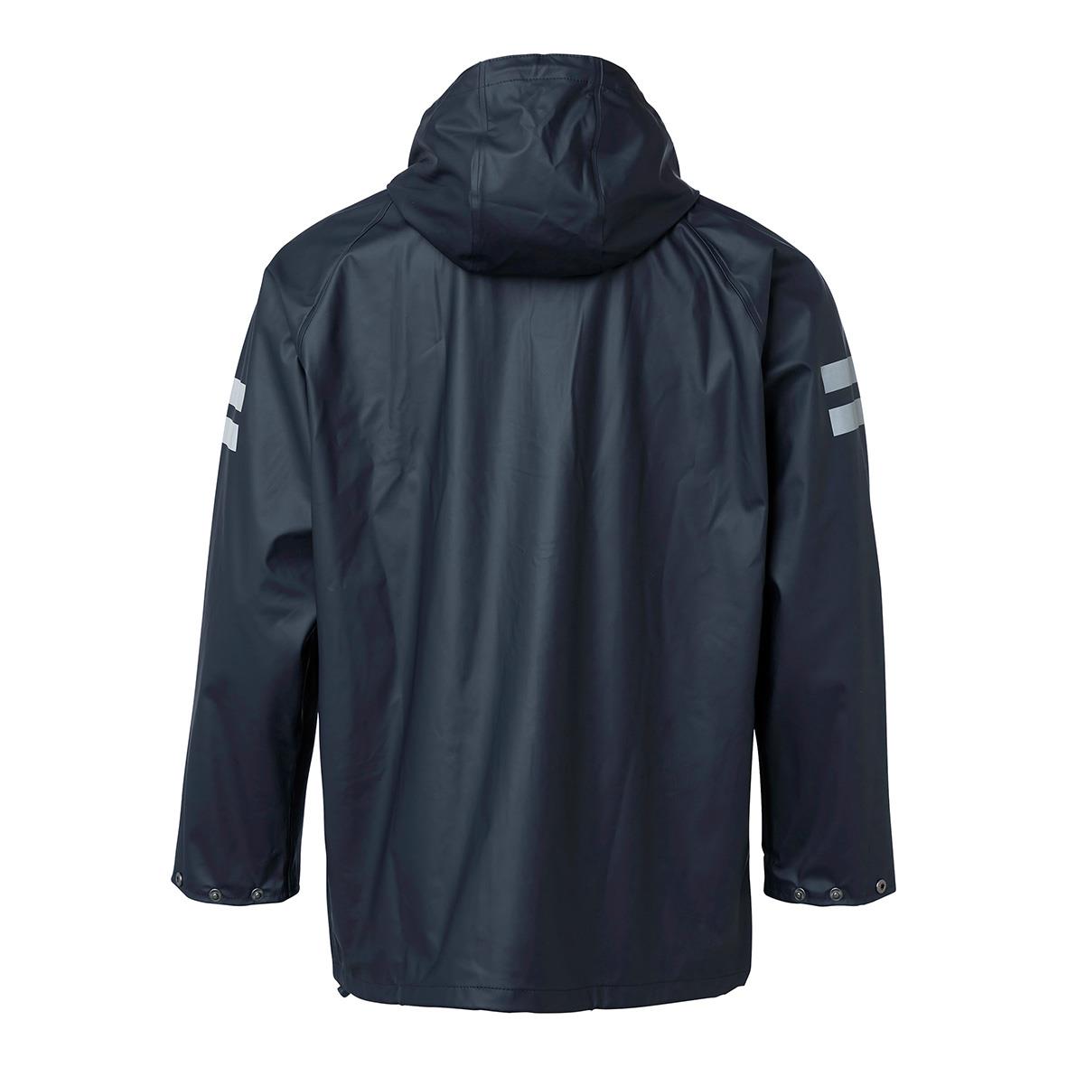 Marinblå regnjacka med huva och reflexdetaljer på ärmarna