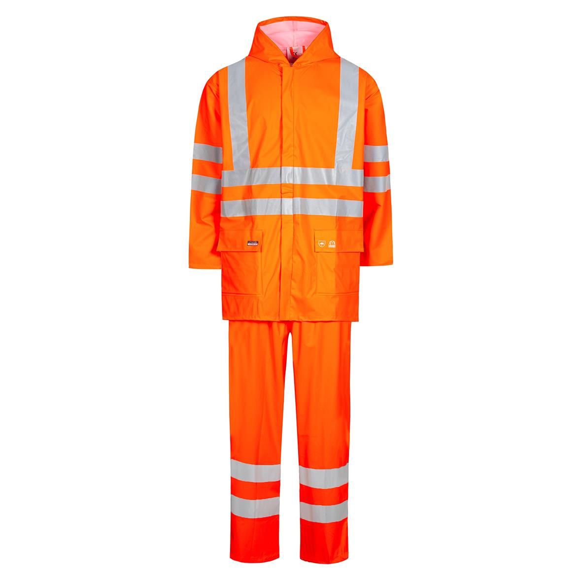 Regnset i Hi-Vis orange med reflekterande band, jacka och byxor, XS storlek