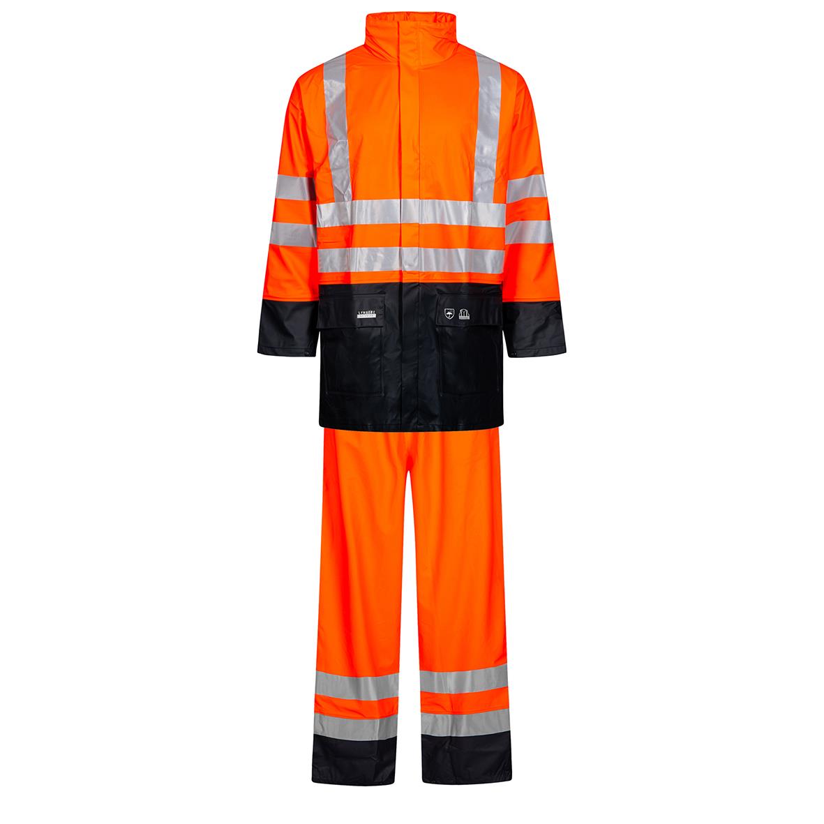 Regnset i Hi-Vis orange/marin med reflekterande band, jacka och byxor för säkerhet i dåligt väder