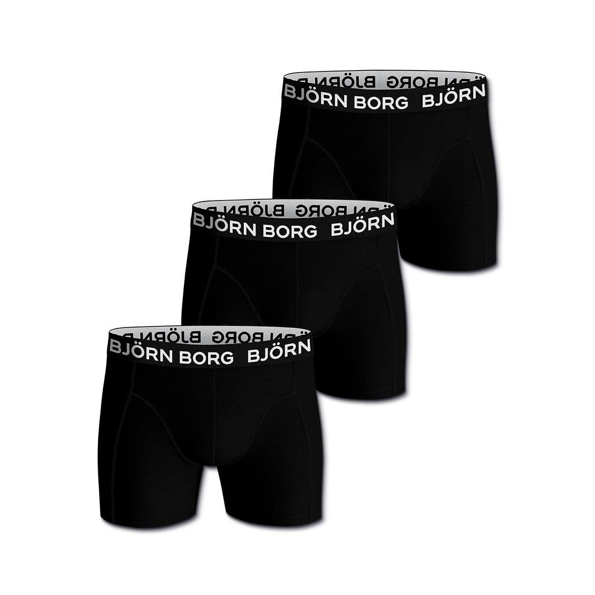 Tre svarta boxershorts med svart och vit resår med texten BJÖRN BORG