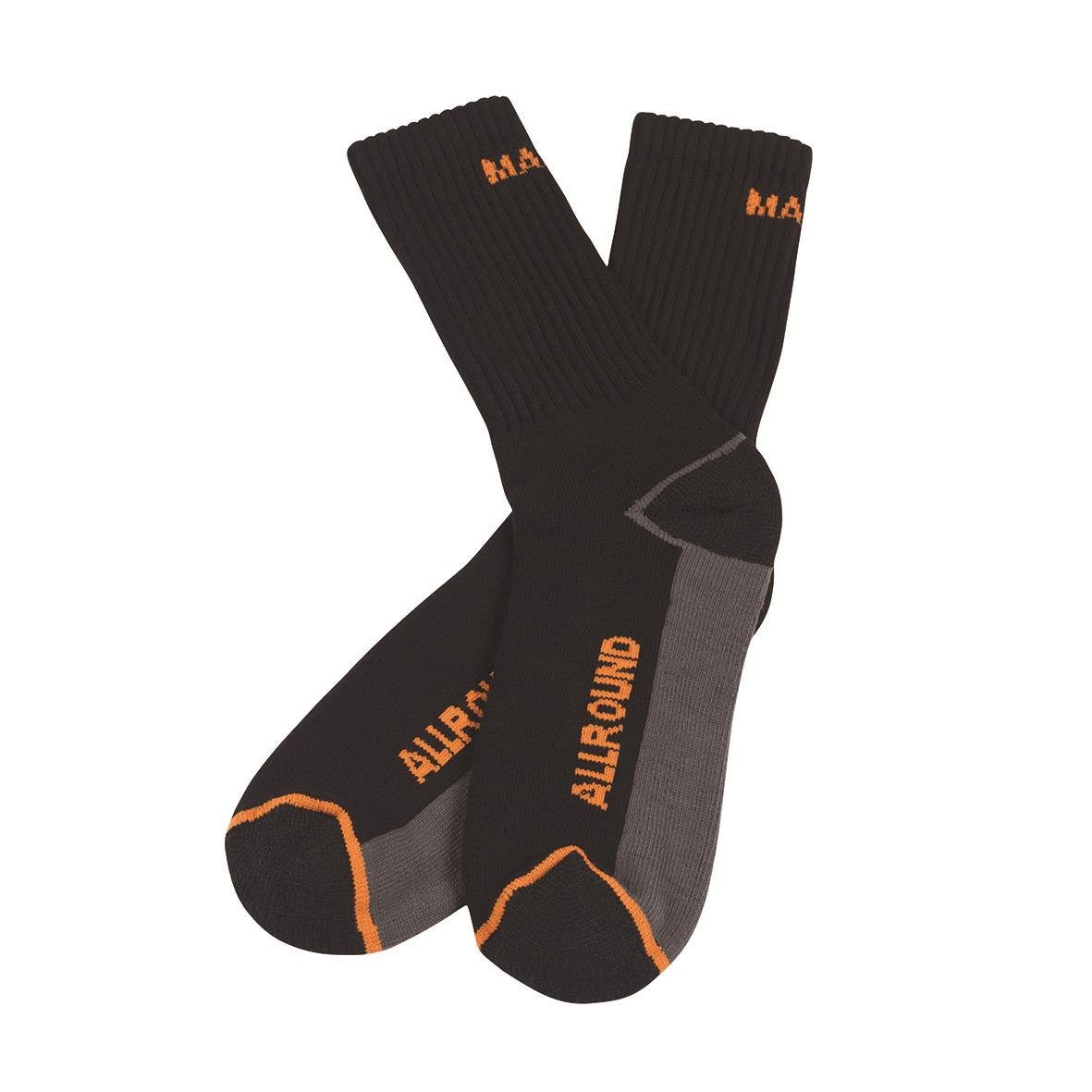 Svarta allround-strumpor i storlek 44/48 med orange text