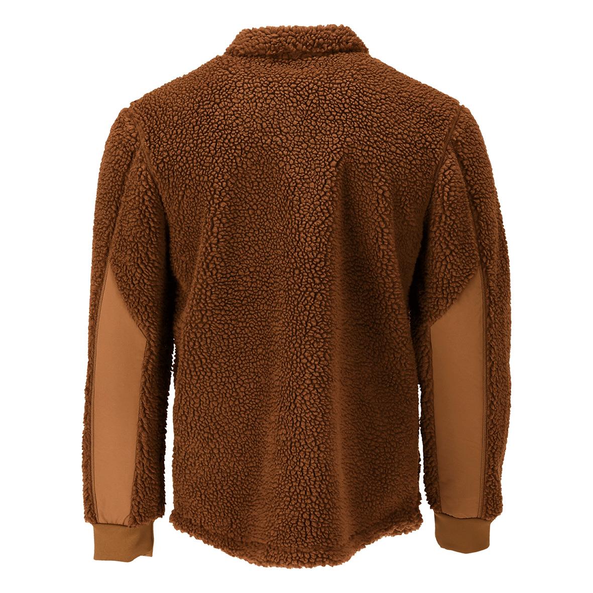 Brun fleecejacka med stickad krage och ärmar av tyg, ryggvy