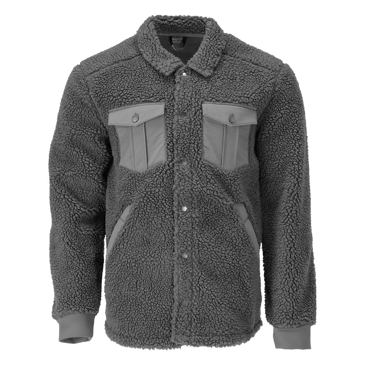 Grå fleecejacka med fickor och knappar, långärmad och varm