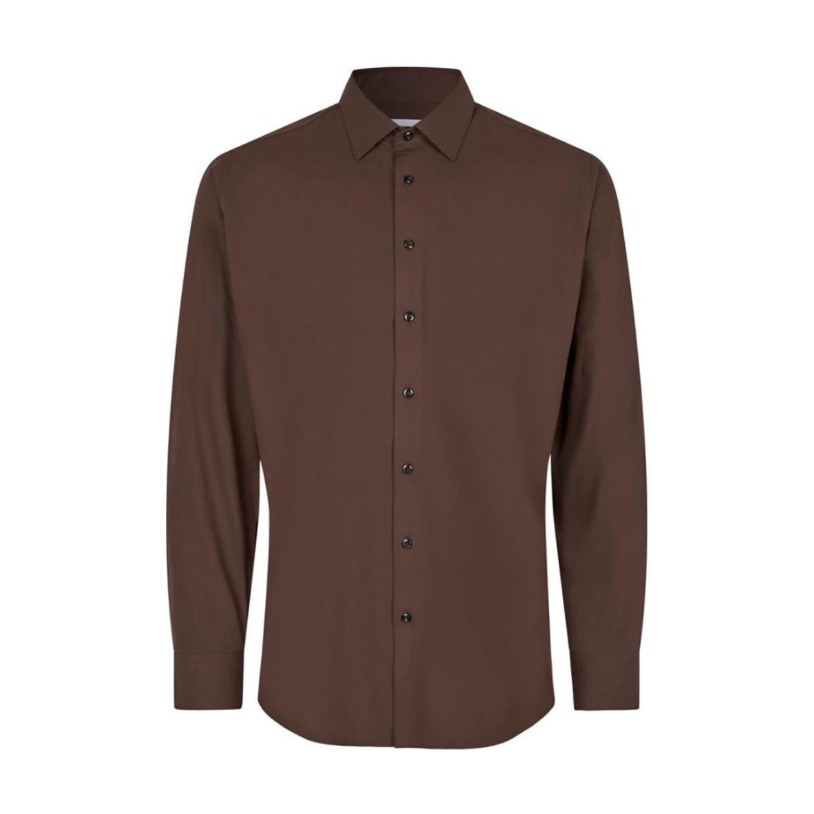 Brun skjorta Seven Seas S51 Hybrid Slim Mocka S med knappar och krage