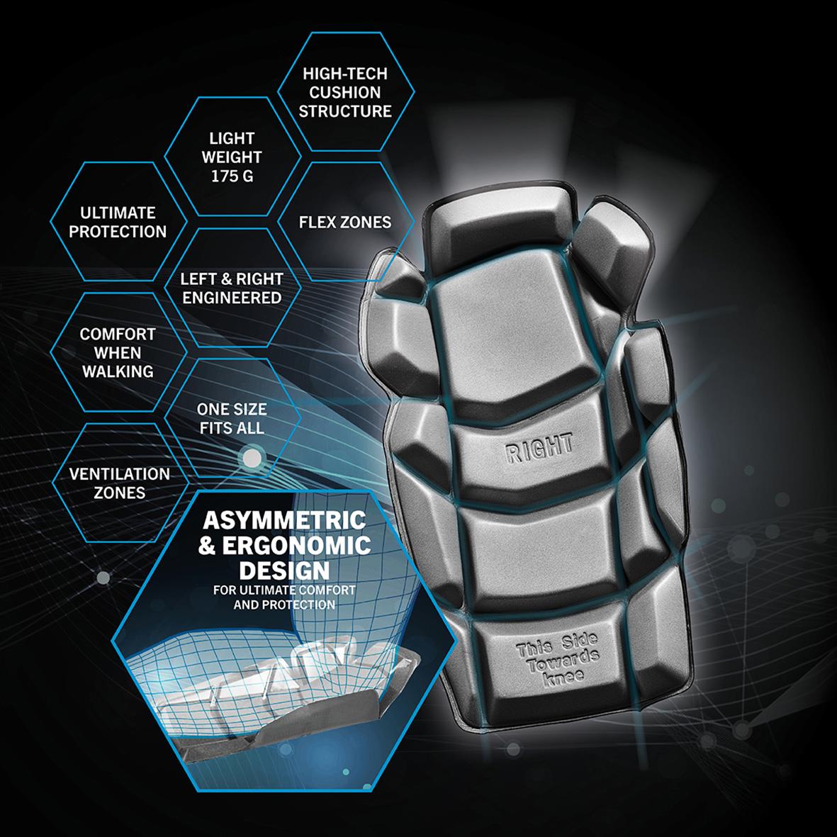 Ergonomiskt grått knäskydd med högteknologisk dämpstruktur och asymmetrisk design för optimal komfort och skydd