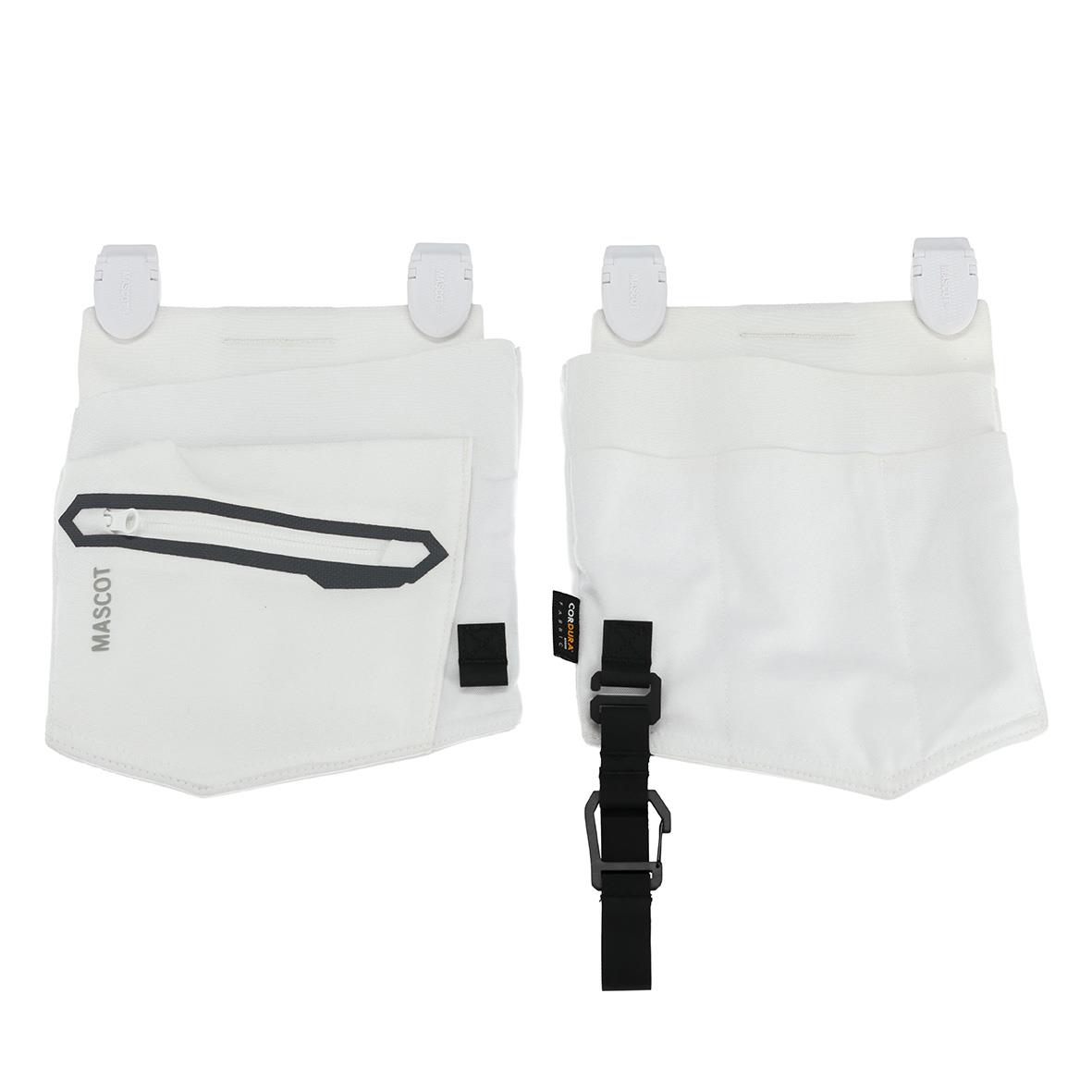 Två vita hängfickor med svarta detaljer och dragkedja, används för förvaring