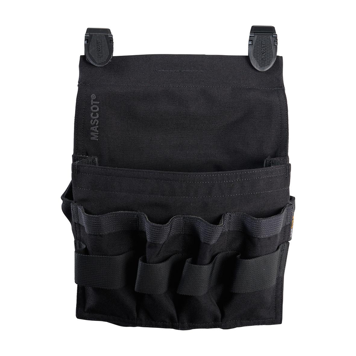 Svart hängficka för hantverkare med flera små fickor och clips för att fästa på bälte