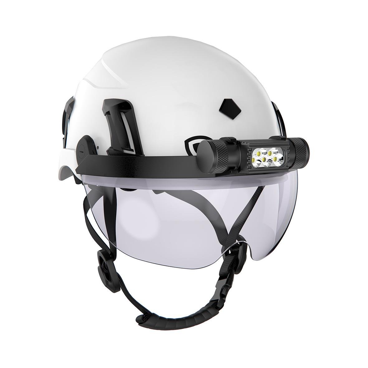 Hjälmlampa Guardio VisorFlex monterad på vit hjälm med svart justerbar rem och tydlig lampa fram