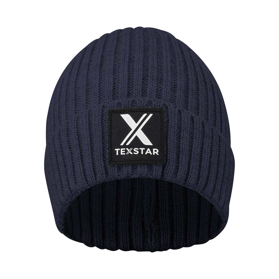 Marinblå mössa med ribbade mönster och Texstar-logga fram
