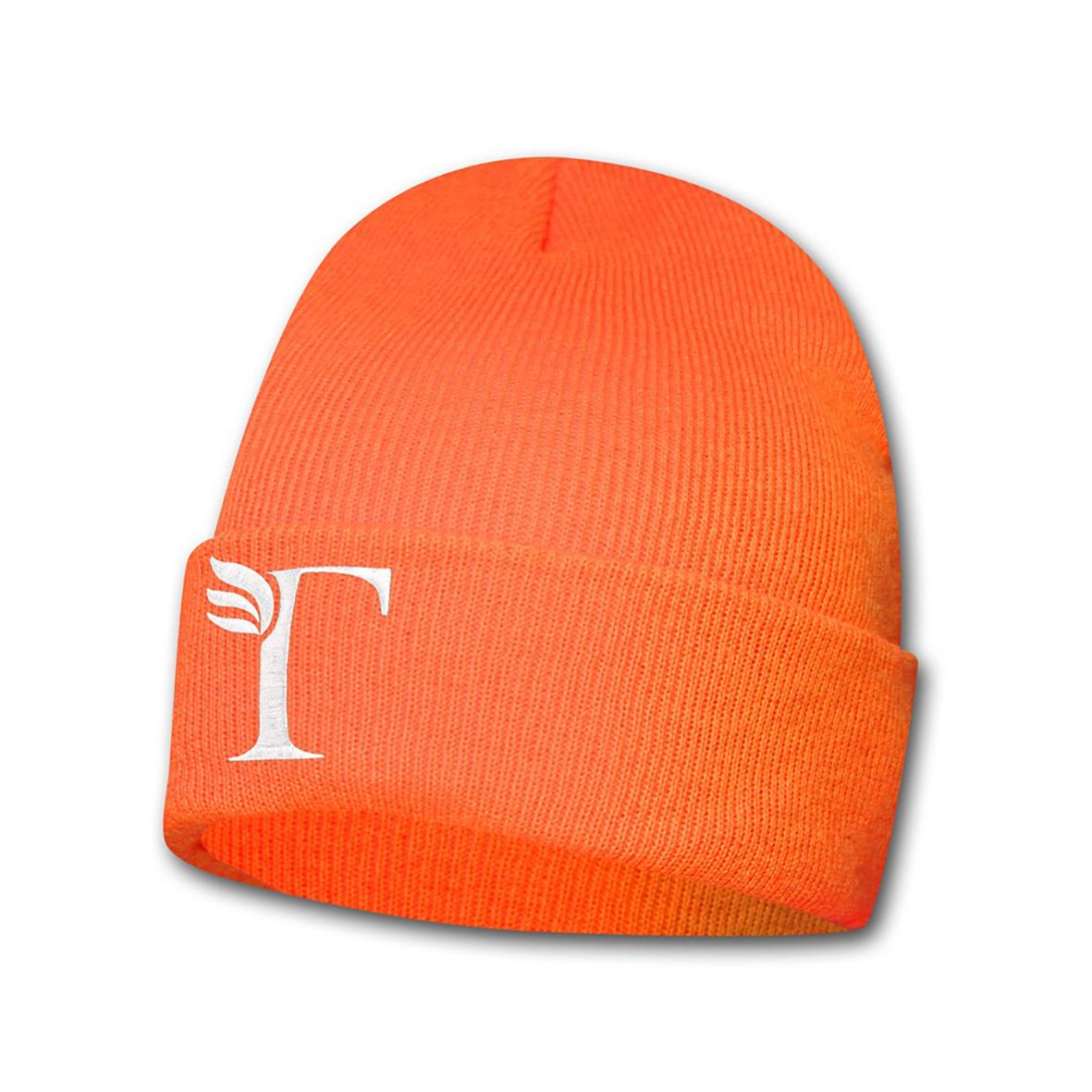 Orange mössa med vit T-figur och gröna detaljer, trendig och varm