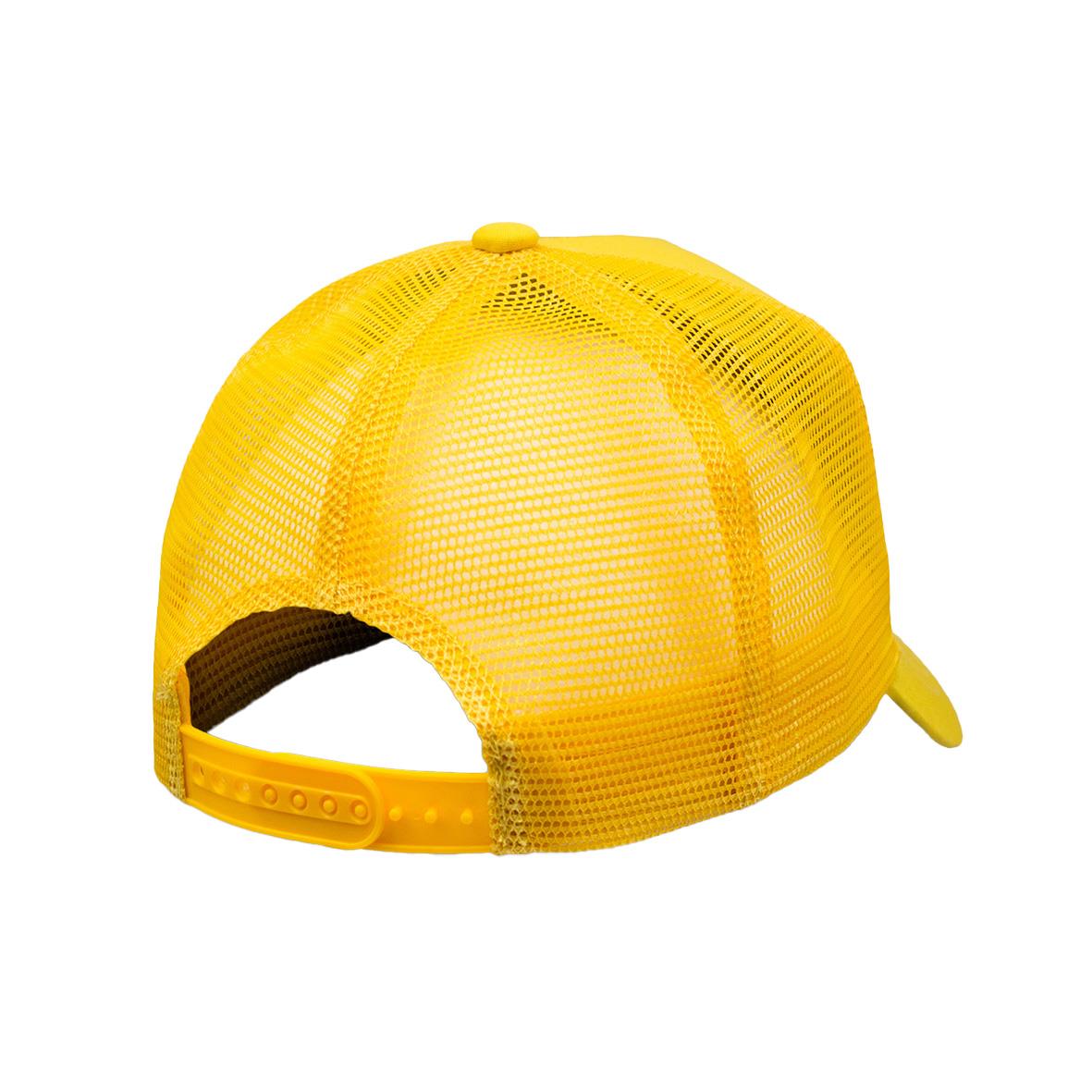 Gul baseballkeps bakifrån med mesh-rygg och justerbar rem