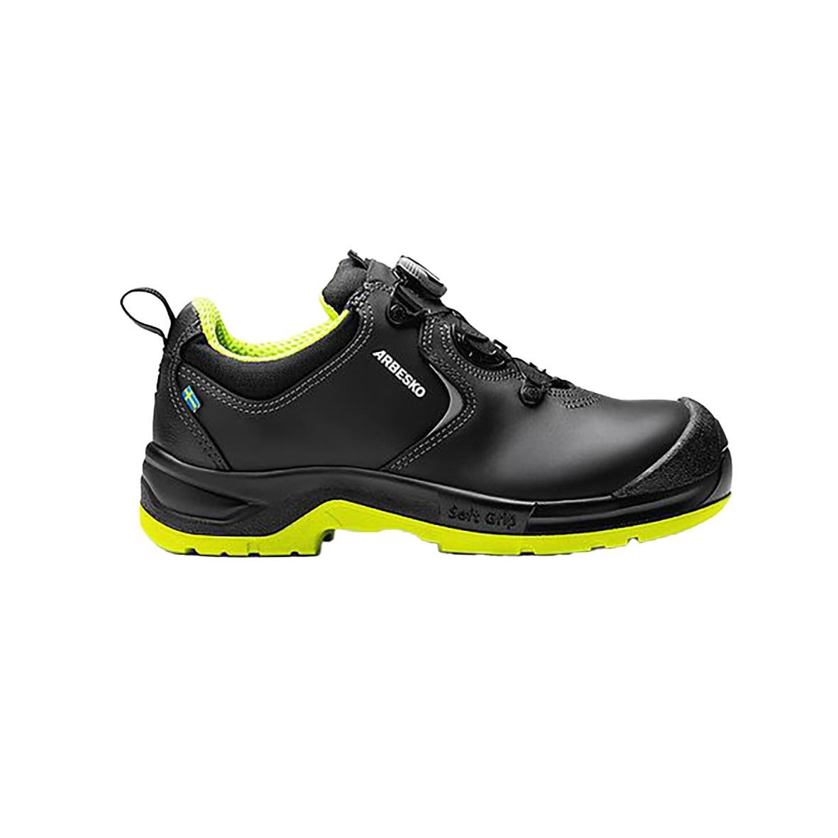 Skyddssko Arbesko 945 i svart med limegrön sula och detaljer, storlek 38