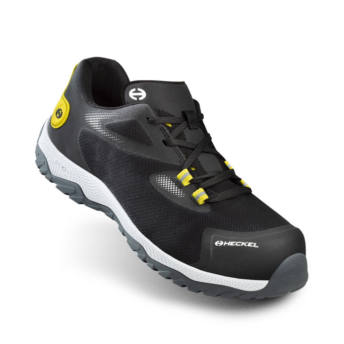 Skyddssko Heckel MS 100 S1PL i svart och vitt med gul detaljer