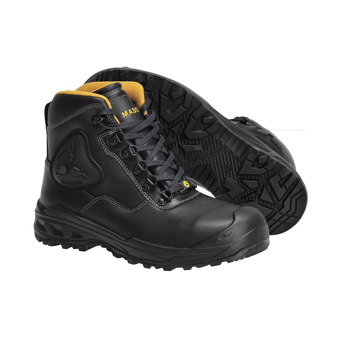 Svart skyddskänga Mascot F0165-902 med gul insida och grov sula, storlek 39