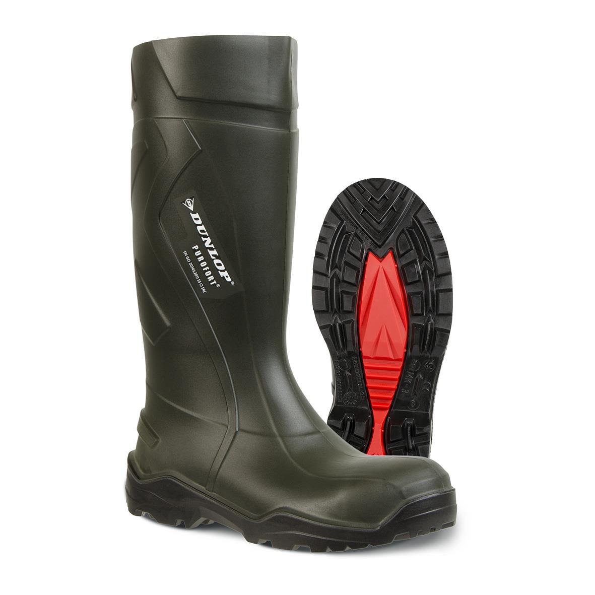 Skyddsstövel Dunlop Purofort+ 38 i mörkgrön färg med röd detalj på sulan
