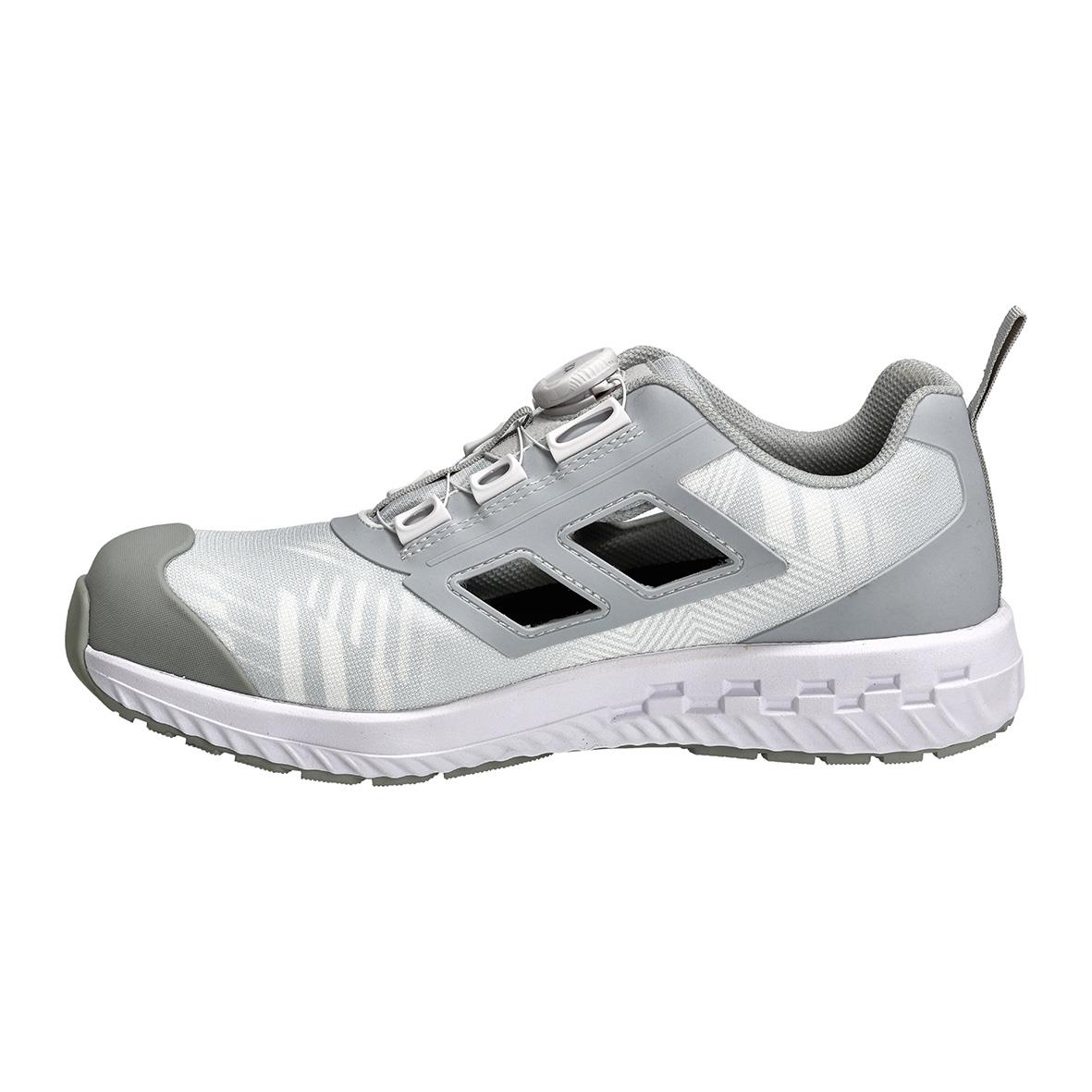 Skyddssandaler i vitt och ljusgrått med svart detaljer och vit sula, storlek 37