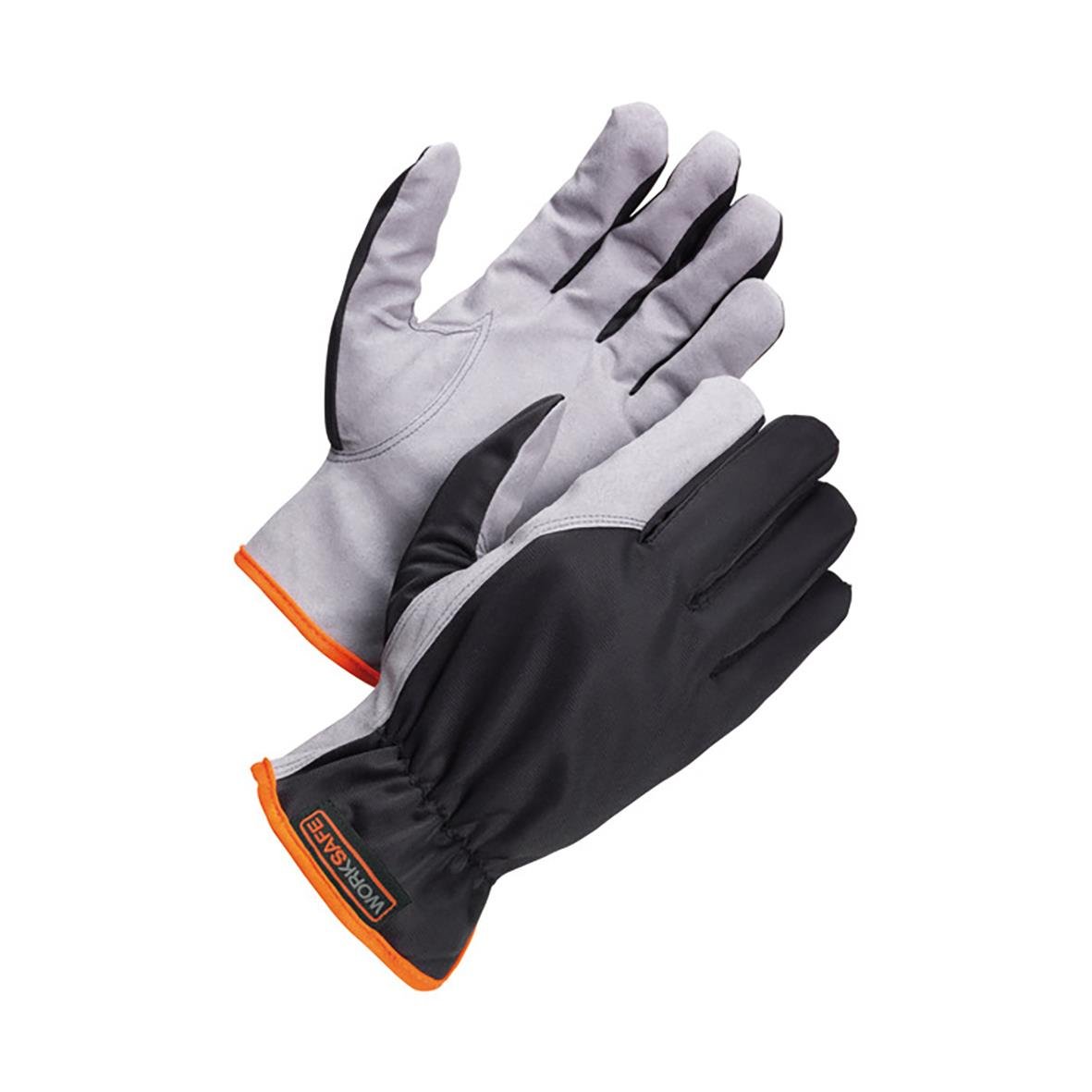 Montagehandske Worksafe A100 i konstläder, storlek 7, i svart och grått med orange detaljer