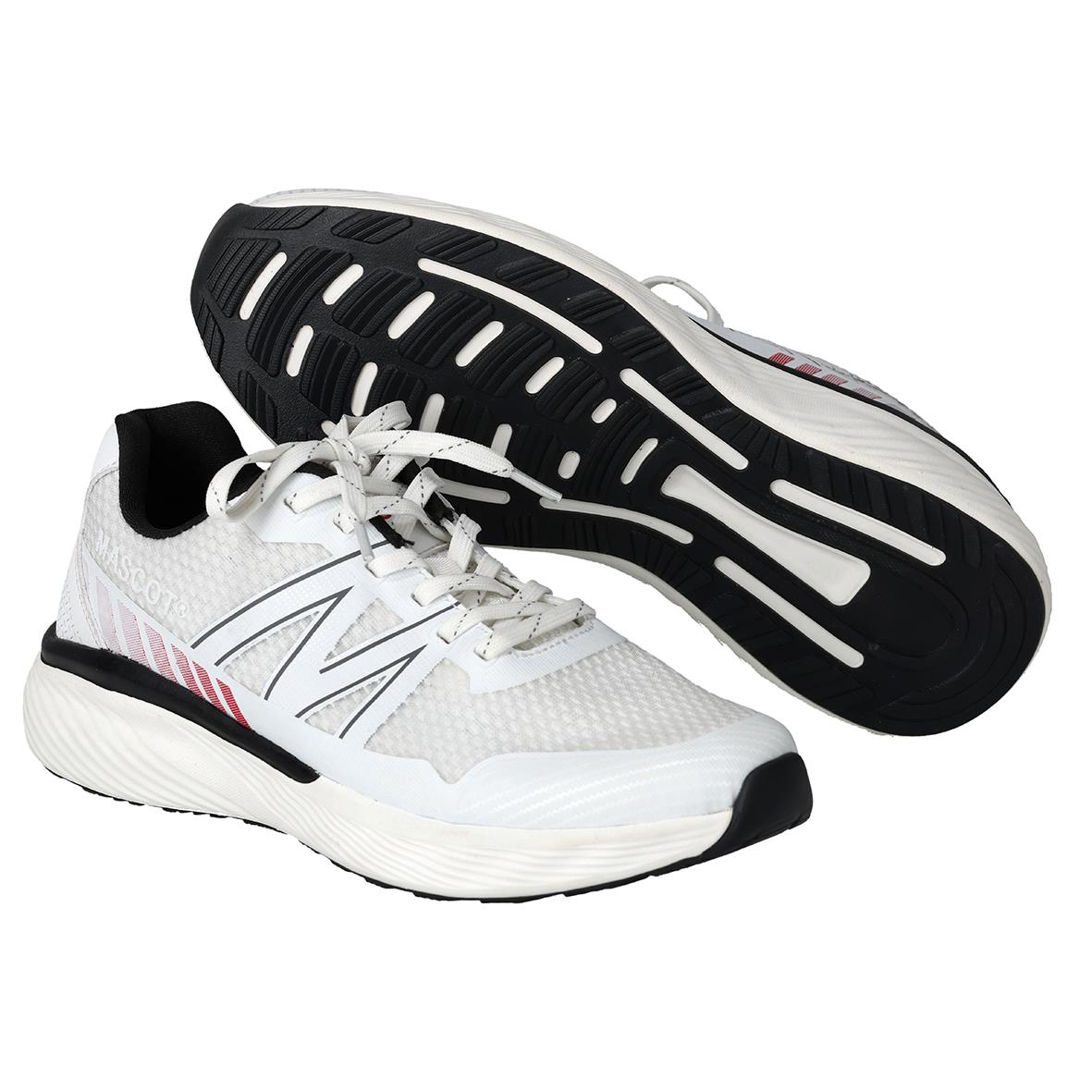 Vit sportskor med svarta och rosa detaljer, sula i svart och vitt, för yrkesbruk